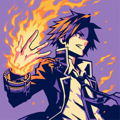 Naklejka premium anime character with fire effect isolated on purple background