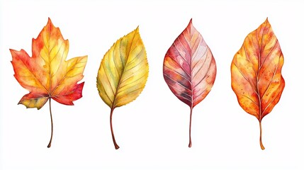 Vibrant Autumn Leaves in Watercolor with Intricate Veins on Clean White Background