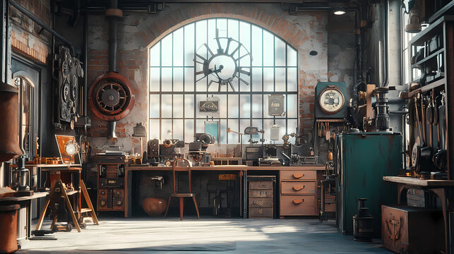 Vintage workshop with intricate steampunk designs, hyperrealistic photo. Steampunk. Illustration
