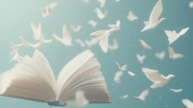 Stories from the pages of books fly into the distance, the concept of literature