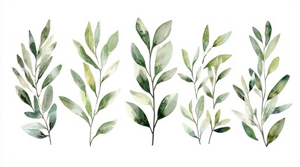 Watercolor Olive Branches with Muted Green Leaves on White Background  Calming Minimalist Botanical Design