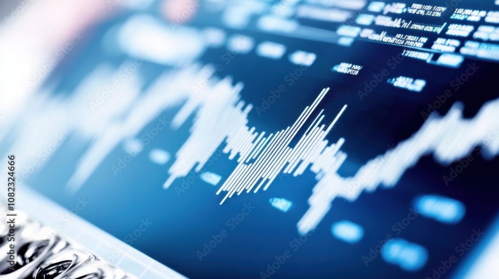 Poster a close-up view of a digital display showing a stock market graph with various fluctuations, capturi