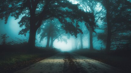 Obraz premium Dark and Mysterious Forest Path Covered in Mist, with Tall, Shadowy Trees and an Eerie Atmosphere.