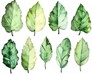 Fototapeta premium Whimsical Watercolor Cactus Leaves in Soft Shades of Green on White Background