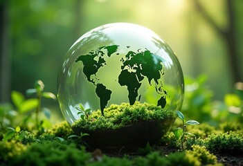 A glass sphere with a miniature green earth inside, surrounded by lush green leaves and foliage, representing the concept of environmental conservation and sustainability