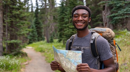 Young black man exploring nature with backpack and map on hiking adventure in forest