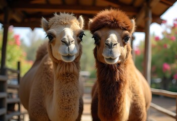 Obraz premium A group of camels standing in an outdoor enclosure with a wooden roof and trees in the background