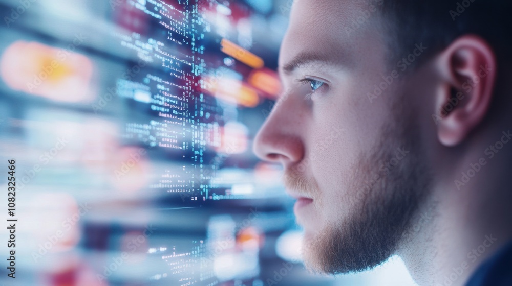 Poster in a high-tech workspace, a young man intently examines digital data on a glowing screen, immersed i