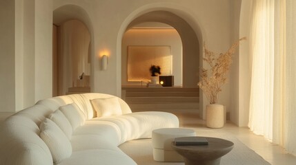 Minimalist living room featuring white walls, curved furniture, and a cozy, tranquil ambiance with warm ambient lighting.