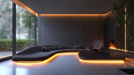 Modern living room with sleek furniture designs, curved edges, and glowing ambient lights enhancing the minimalist vibe.