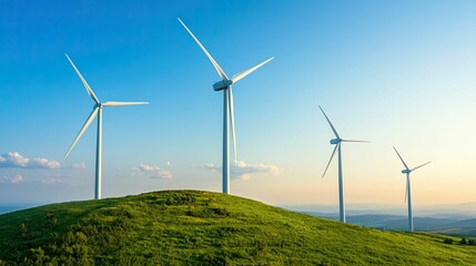 Critical industry concept, Image of wind turbines on a green hill under a clear blue sky, representing renewable energy and sustainable technology.