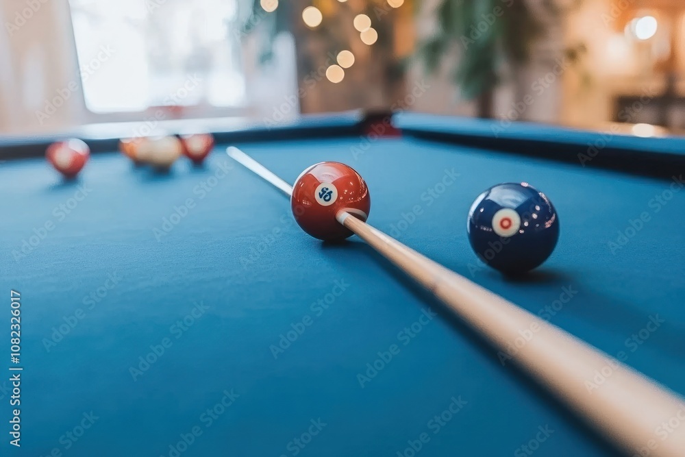Poster a pool cue rests on a blue felt table with a red eight ball and a blue ball in front of it. the back