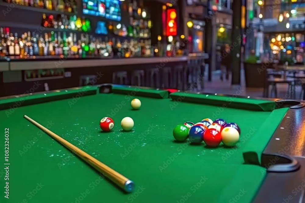 Poster a pool table with balls and cue stick in a bar setting.