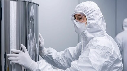 Fototapeta premium Critical industry concept, A scientist in a protective suit interacts with a shiny, metallic container in a sterile laboratory environment.