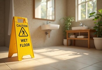 A yellow caution sign that says CAUTION WET FLOOR in a clean, tiled bathroom interior