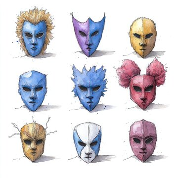 Theater Actor Comedy Masks Collection - Watercolor Clipart Illustration with Isolated Background