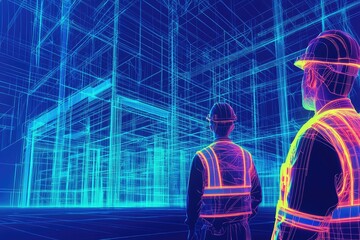 Futuristic Construction Site with Two Workers in Neon Outlines Overlooking a 3D Architectural Blueprint Illustration in a High-Tech Environment