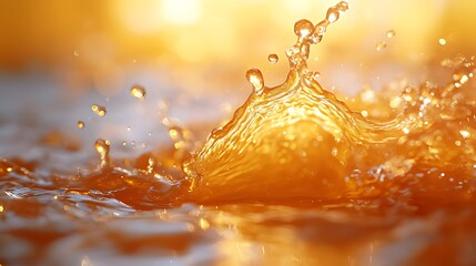 Close-up of a water splash with sunlight reflecting off the surface, creating a golden glow.