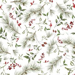 Fir branches and winter berries. Seamless pattern. Watercolor illustration. Pine and mistletoe with branches of red and blue berries isolated on white background. Winter theme, Christmas and New Year