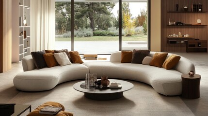 Stylish curved furniture in a well-lit living room with a modern aesthetic, offering a comfortable and elegant atmosphere.