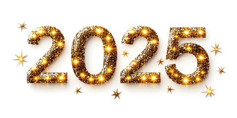A stylish Happy New Year 2025 greeting card with golden glitter on a clean white background, perfect for sending festive wishes.