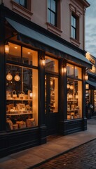 Storefront at dusk, with warm glowing lights illuminating the inside and casting a soft glow outside