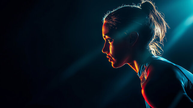 A close up view of an athletic woman in the dark, illuminated blue light from behind her head, her hair tied back in a ponytail hairstyle, wearing sports, dramatic lighting, low angle, high contrast. - Powered by Adobe