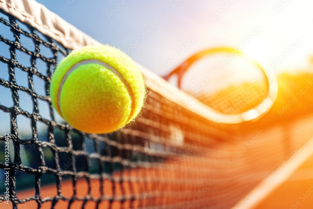 Poster a tennis ball caught in the net during a match with the racket blurred in the background.