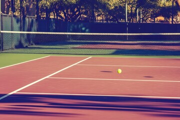 Fototapeta premium A tennis ball sits on a red clay court with a net and trees in the background.