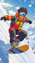 Cartoon boy snowboarding. 