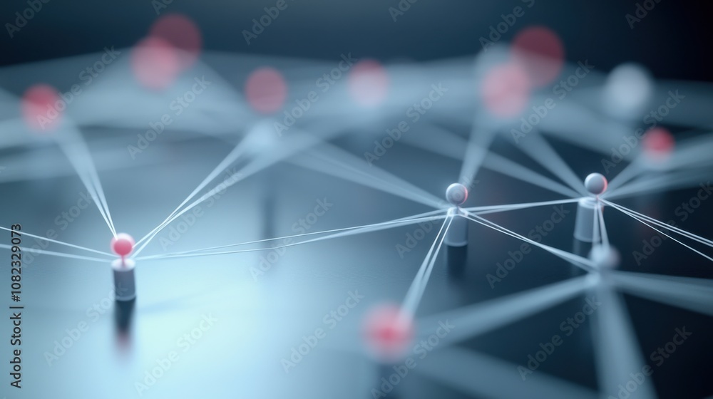 Poster white strings connect various colored pins and figures, illustrating a network of relationships amon