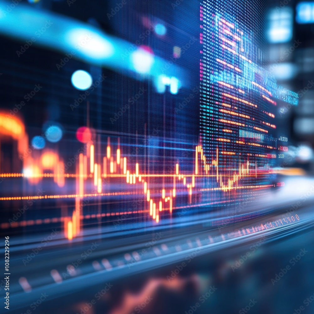 Poster colorful financial graphs with fluctuating lines and indicators represent data trends in a busy urba