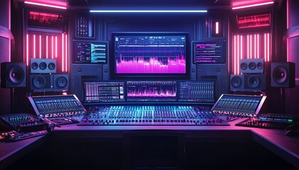 Obraz premium Audio editing studio with advanced equipment, multiple screens displaying sound waves and tracks, professional mixers, ideal for creating and editing music, modern tech workspace