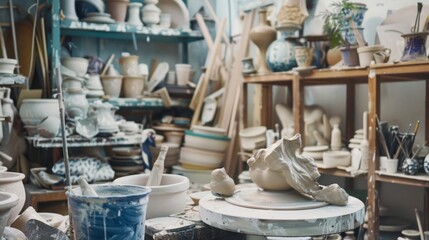 A lively ceramics workshop with clay sculptures and pottery tools, Artists molding intricate designs on pottery wheels, Modern artisan style