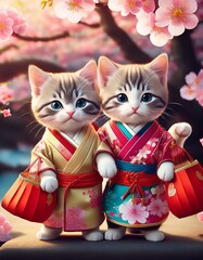 Fototapeta premium 色とりどりの着物を着て、年玉袋を大事そうに持つ子猫たち。少し得意気な表情を浮かべて、背景には桜の花が舞っている和風のシーン 65460.jpg, Firefly 色とりどりの着物を着て、年玉袋を大事そうに持つ子猫たち。少し得意気な表情を浮かべて、背景には桜の花が舞っている和風のシーン
