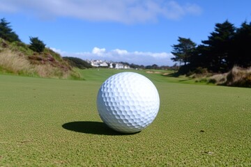 Fototapeta premium A single golf ball on a green putting green, with a view of a golf course in the background.