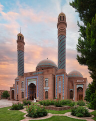 The Goy Imam Mosque, adorned with its twin minarets and intricate mosaics, presents a stunning view before sunset in Ganja, Azerbaijan