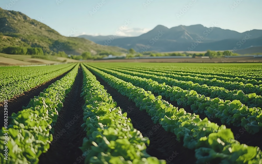 Poster Efficient field irrigation system watering fresh lettuce rows, automated farming technology in use, vibrant green lettuce crops under the warm sunlight, open farmland
