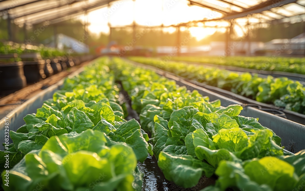 Poster Efficient field irrigation system watering fresh lettuce rows, automated farming technology in use, vibrant green lettuce crops under the warm sunlight, open farmland