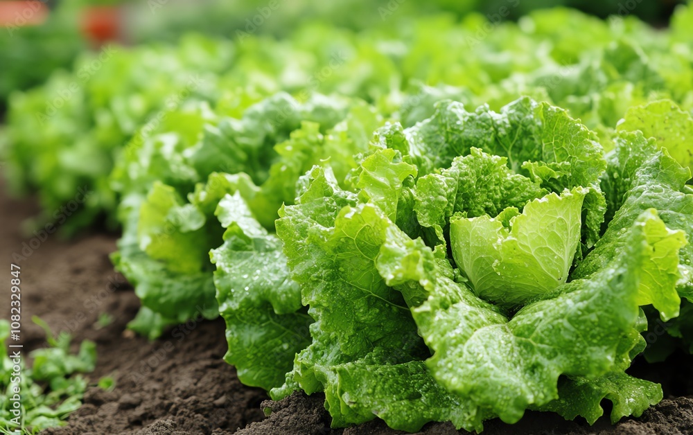 Poster Efficient field irrigation system watering fresh lettuce rows, automated farming technology in use, vibrant green lettuce crops under the warm sunlight, open farmland