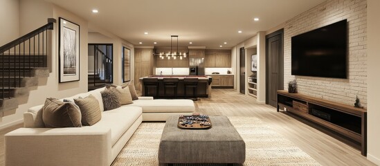 Modern basement living room with a white sectional sofa, a large flat screen TV, a bar counter and a game table.