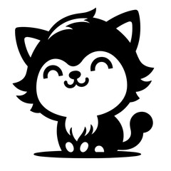 black and cartoon drawing of a cat with a black head and a white background silhouette art style vector