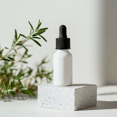 Minimalist Skincare Serum Bottle on Concrete Block, Modern Aesthetic Beauty Product Display with Natural Shadows and Neutral Tones for Organic Cosmetic Branding