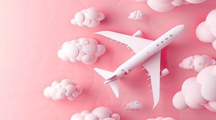 A white airplane flying above soft pink clouds against a vibrant pink background, creating a whimsical and dreamy atmosphere.