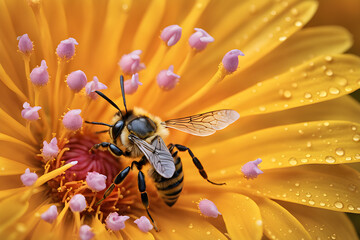 Macro shot of one bee worker harvesting collecting nectar on pink pollen in yellow flower heads with fresh water drop on petals scene