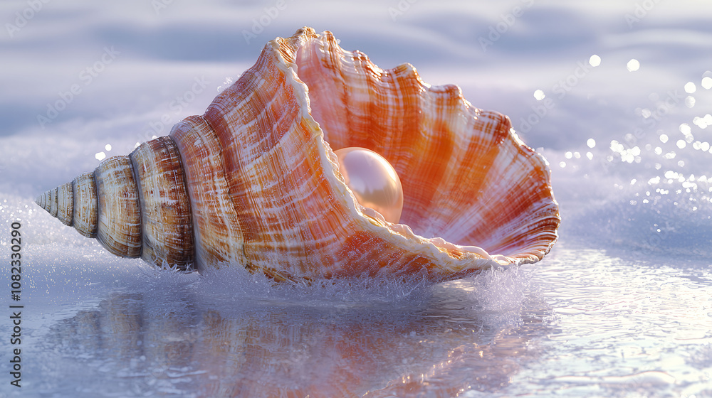 Poster a shell with a pearl inside of it. the shell is orange and white