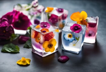 Ice cubes with edible flowers frozen inside, adding a touch of elegance and color to beverages. Perfect for themes of gourmet drinks, summer parties, and floral aesthetics.