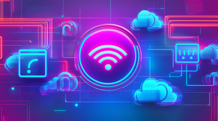 Modern icons like a globe, Wi-Fi symbol, and cloud fragmented with glitch effects