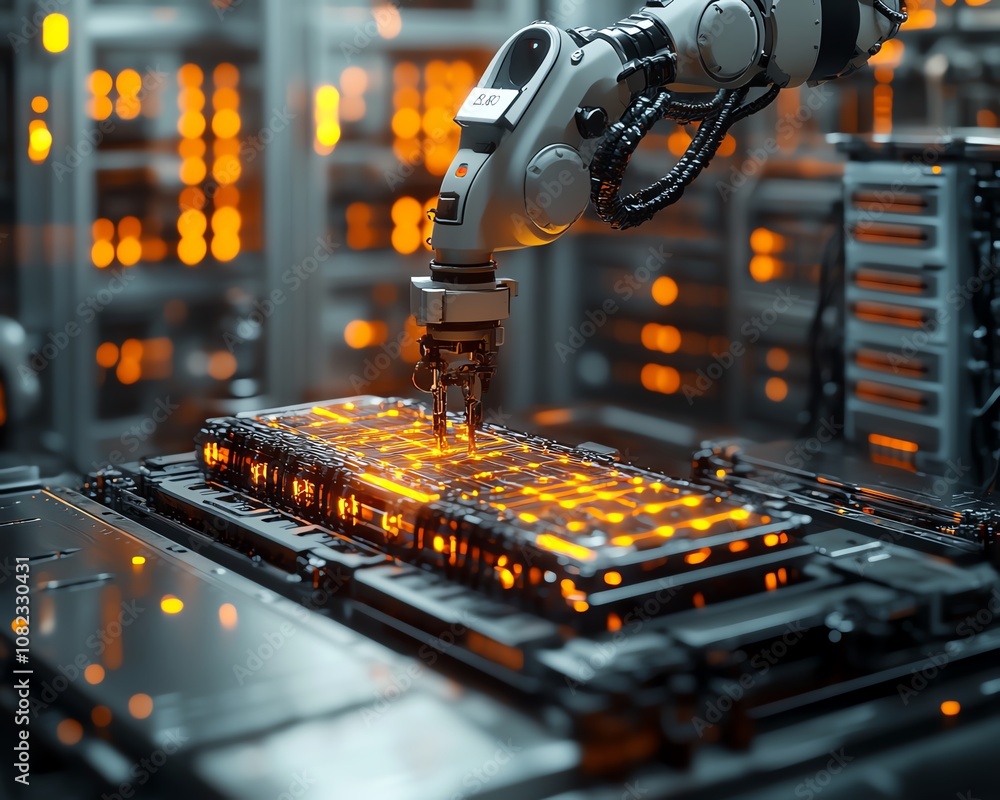 Poster futuristic automated factory with robotic arms assembling lithiumion battery packs for electric vehi