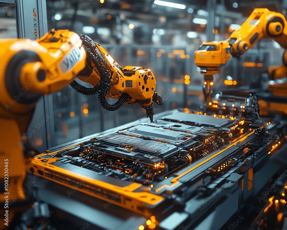 Poster futuristic automated factory with robotic arms assembling lithiumion battery packs for electric vehi